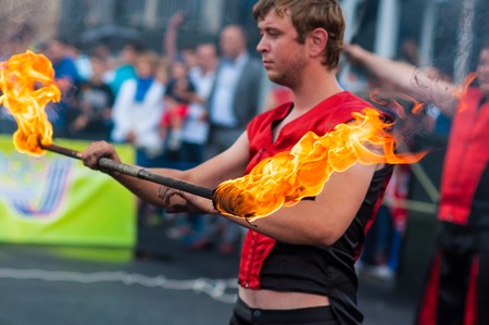 ORENBURG, ORENBURG region, RUSSIA, 25 July, 2014 year. Dance with fire or fire showのeditorial素材