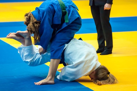 ORENBURG, ORENBURG region, RUSSIA, 29 October, 2014 year. All-Russian Judo tournament in memory of Viktor Chernomyrdin. Fighter girl in Judoのeditorial素材