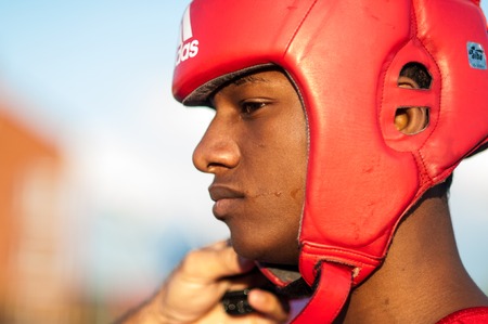 ORENBURG, ORENBURG region, RUSSIA, 25 July, 2014 year. Youth meeting on the boxing match between Russia and Cuba. A boxing match between Alayn Limonta (Cuba, Havana) and Gabil Mamedov (Russia, Orenburg)のeditorial素材
