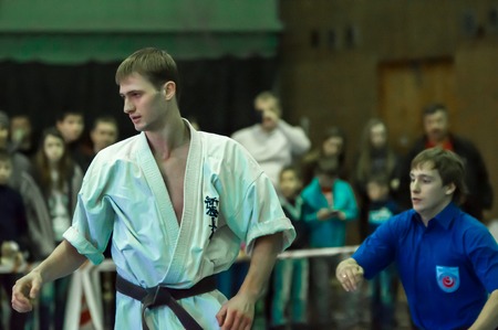 ORENBURG, ORENBURG region, RUSSIA, 16 November, 2014 year. Open karate tournament kiokusinkaj. Duel of karate practitionersのeditorial素材