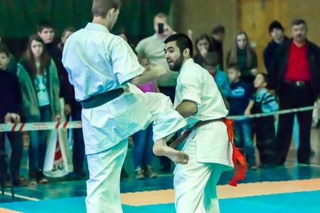 ORENBURG, ORENBURG region, RUSSIA, 16 November, 2014 year. Open karate tournament kiokusinkaj. Duel of karate practitionersのeditorial素材