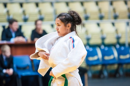 ORENBURG, ORENBURG region, RUSSIA, 29 November, 2014 year. Judo Championship among juniors and girls. Girl judokaのeditorial素材