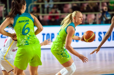ORENBURG - 3 December: Match of the Euroleague Basketball FIBA womens "Nadezhda" (Orenburg region) - "Imos Brno" (Czech Republic) 3 December 2014 in ORENBURG, ORENBURG region, RUSSIA.のeditorial素材