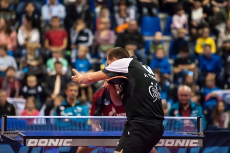 ORENBURG - 10 October: Match League European champions in table tennis male team. Fakel Gazproma Orenburg (Russia) and Roskilde Bordtennis BTK61 (Denmark). Vladimir Samsonov - Finn Tugwell 10 October 2014 in ORENBURG, ORENBURG region, RUSSIA.のeditorial素材
