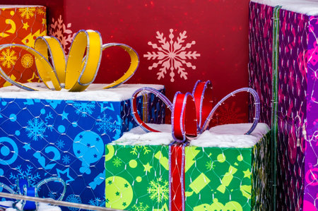 Christmas tree decorated with Christmas gifts and various trinketsの写真素材