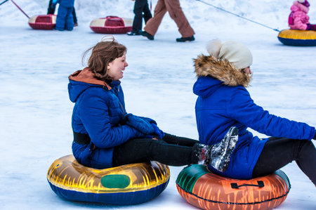 ORENBURG - 18 January: Baby winter sledding on the Ural River 
18 January 2015 year in ORENBURG,...