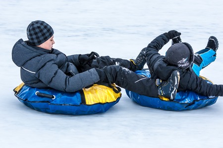 ORENBURG - 18 January: Baby winter sledding on the Ural River 
18 January 2015 year in ORENBURG, ORENBURG region, RUSSIA.のeditorial素材