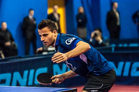 Orenburg, Orenburg region, Russia - 23 January  2015: Game European champions  League quarterfinal match on table tennis among mens teams the "torch of Gazprom" (Orenburg) - " Saarbruecken "( Germany)のeditorial素材