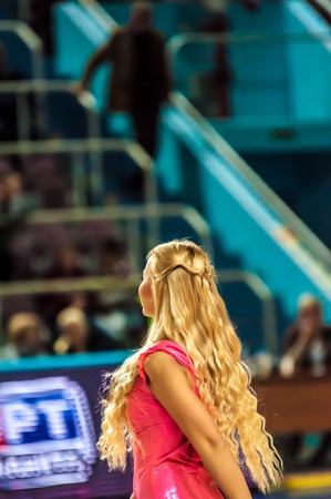 ORENBURG - 3 December: Girl Cheerleading appear on stage Match of the Euroleague Basketball FIBA womens "Nadezhda" (Orenburg region) - "Imos Brno" (Czech Republic) 3 December 2014 in ORENBURG, ORENBURG region, RUSSIAのeditorial素材