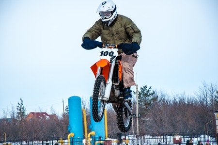 Orenburg, Orenburg region, Russia - 10 March 2013: Juniors compete in winter Motocrossのeditorial素材