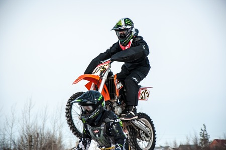 Orenburg, Orenburg region, Russia - 10 March 2013: Juniors compete in winter Motocrossのeditorial素材