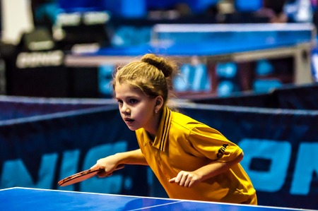 ORENBURG, ORENBURG region, RUSSIA - 5 February 2015: Girl playing table tennis at the tournament strongest sportsmen of Russia "TOP â 12" in table tennisのeditorial素材