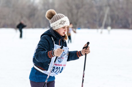 ORENBURG, ORENBURG region, RUSSIA - 8 February 2015: Participant Cross-country skiing All-Russian mass competitions "Ski track of Russia-2015"のeditorial素材
