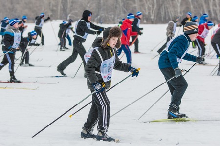ORENBURG, ORENBURG region, RUSSIA - 8 February 2015: Participant Cross-country skiing All-Russian mass competitions "Ski track of Russia-2015".のeditorial素材