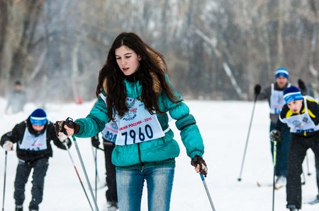 ORENBURG, ORENBURG region, RUSSIA - 8 February 2015: Participant Cross-country skiing All-Russian mass competitions "Ski track of Russia-2015".のeditorial素材