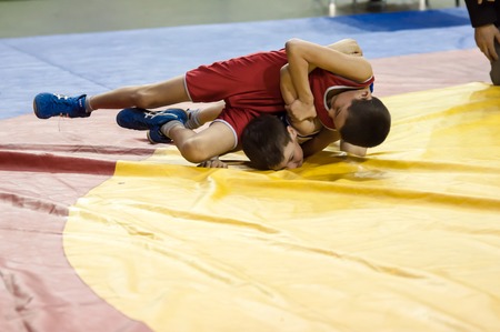 Orenburg, Russia - 07.04.2015: Youth tournament Orenburg oblast in Greco-Roman wrestling, dedicated to the memory of Russian school teacher, Honoured master of sports of the E.N. Francevaのeditorial素材