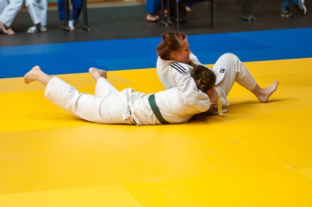 Orenburg, Southern Ural, Russia - 11.04.2015: Judo competitions among girls 1999-2000 years of birthのeditorial素材