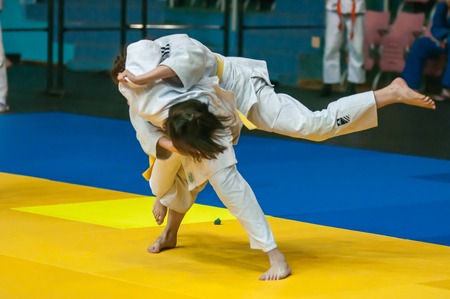 Orenburg, Southern Ural, Russia - 11.04.2015: Judo competitions among girls 1999-2000 years of birthのeditorial素材