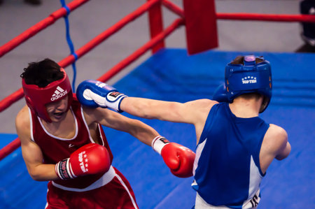 Orenburg, Russia - 29 April 2015: Fight boxers on All-Russian tournament in boxing among Juniors 1997-98 born in memory of Lieutenant Colonel of militia who died tragically A.T. Kayumovaのeditorial素材