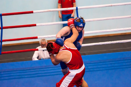 Orenburg, Russia - 1 may 2015: Fight boxers on All-Russian tournament in boxing among Juniors 1997-98 born in memory of Lieutenant Colonel of militia who died tragically A.T. Kayumovaのeditorial素材