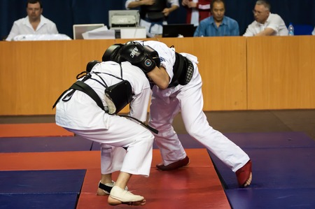 Orenburg, Russia - 2 May 2015: The boys compete in the Kobudo on superiority of the Orenburg region on East combat martial artのeditorial素材