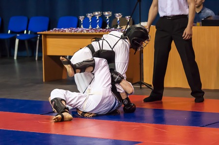 Orenburg, Russia - 2 May 2015: The boys compete in the Kobudo on superiority of the Orenburg region on East combat martial artのeditorial素材