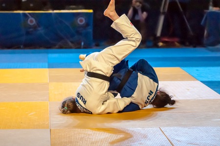 Orenburg, Russia - 16 May 2015: Fight N.Kondratyeva, Russia and M.Persidskaia, Russia at the European Cup in Judoのeditorial素材