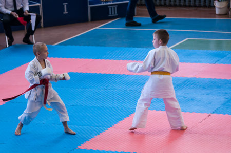 Orenburg, Russia - 28 November 2015: Children compete in karateのeditorial素材
