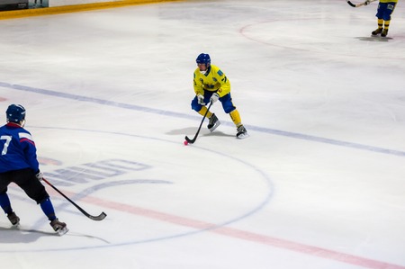 Orenburg, Russia - 17 October 2015: Game in Mini hockey with the ball
 between teams "Squad of the Samara region"  "Volga-2" (Ulyanovsk).のeditorial素材