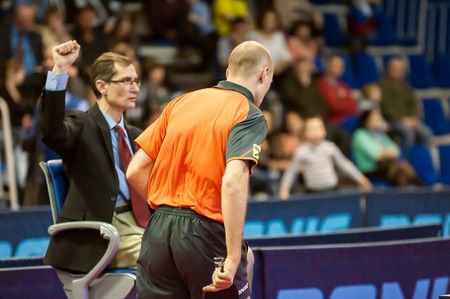 Orenburg, Russia - 03.04.2015: Game tennis A.SMIRNOV "Fakel Gazproma Orenburg" and D.Habesohn "Weinviertel Lower Austria" in Semifinal League European champions in table tennis.のeditorial素材