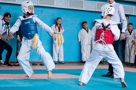 Orenburg, Russia - 23 April 2016: Taekwondo competitions among boys on Open Championship Orenburg city among boys and girls born between 2005-2007.のeditorial素材