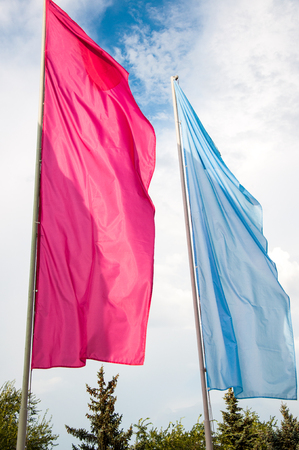 Colorful flags are swaying in the breeze on a summer dayの写真素材