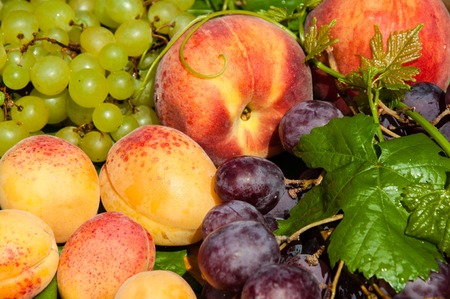 Ripe grapes and fruits on a wooden countertopの写真素材