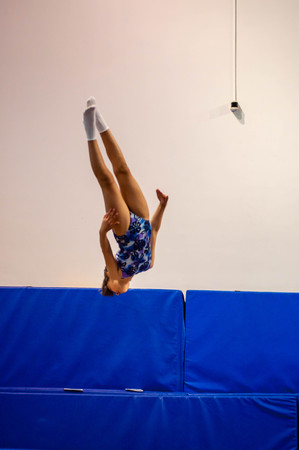 Orenburg, Russia - 30 April 2016: Girls compete in jumping on the trampoline on competitions at the Orenburg region among Juniorsのeditorial素材