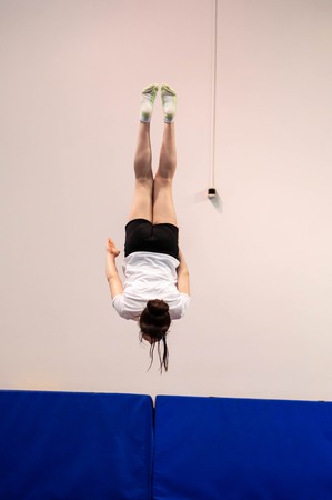 Orenburg, Russia - 30 April 2016: Girls compete in jumping on the trampoline on competitions at the Orenburg region among Juniorsのeditorial素材
