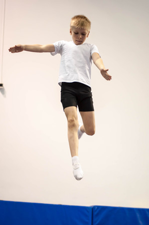 Orenburg, Russia - 30 April 2016: The boys compete in jumping on the trampoline on competitions at the Orenburg region among Juniors.のeditorial素材