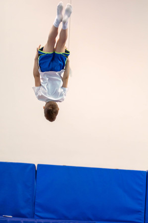 Orenburg, Russia - 30 April 2016: The boys compete in jumping on the trampoline on competitions at the Orenburg region among Juniors.のeditorial素材