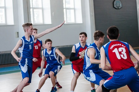 Orenburg, Russia - 15 May 2015: Boys play basketball for the Cup High School Basketball Leagueのeditorial素材