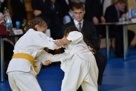 Orenburg, Russia - 05 November 2016: Girls compete in Judo on VI city Judo tournament on prizes the head of the city of Orenburgのeditorial素材