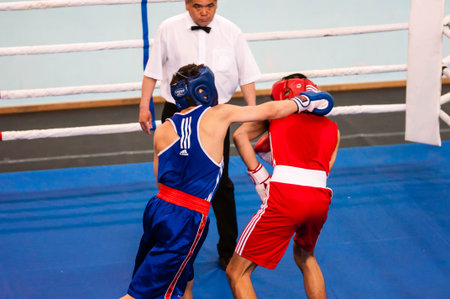 Orenburg, Russia - 28 April 2016: Boys boxers compete the tournament among Juniors the memory of A.T. Kayumovaのeditorial素材