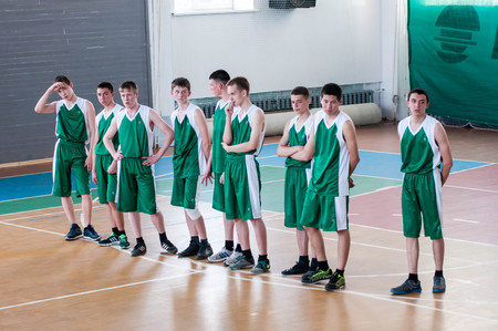 Orenburg, Russia - 15 May 2015: Boys play basketball for the Cup High School Basketball Leagueのeditorial素材