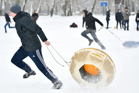 Orenburg, Russia-January 26, 2017 year: students play in the winter games, dedicated to Day studentsのeditorial素材