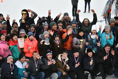 Orenburg, Russia-January 26, 2017 year: Students compete in the tug-of-war in the winter games, dedicated to Day studentsのeditorial素材