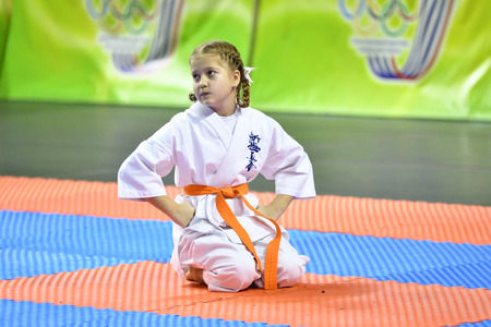 Orenburg, Russia - March 5, 2017 year: Girls compete in karate on Championship Orenburg region on kiokusinkaj "Sinkekusinkaj"のeditorial素材