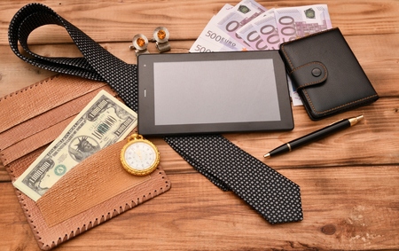 Accessories business men-tablet computer, purse, money, watches, Cufflinksの写真素材