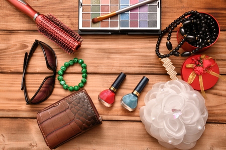 Accessories for women- cosmetics, brushes, combs, bijouterieの写真素材