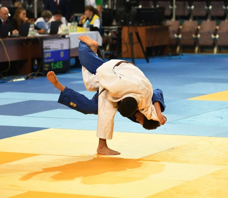 Orenburg, Russia - 21 October 2016: Boys compete in Judo at the all-Russian Judo tournament among boys and girls born between 2000-2002, dedicated to the memory of V. S. Chernomyrdinのeditorial素材