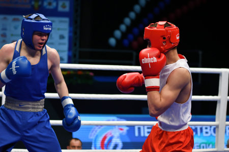 Orenburg, Russia-May 7, 2017 year: Boys boxers compete in the Championship of Russia in boxing among Juniors, born 1999-2000のeditorial素材