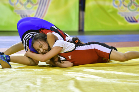 Orenburg, Russia-May 5, 2017 year: Girls compete in freestyle wrestling at the all-Russian tournament on free-style wrestling "Carpet of hope"のeditorial素材