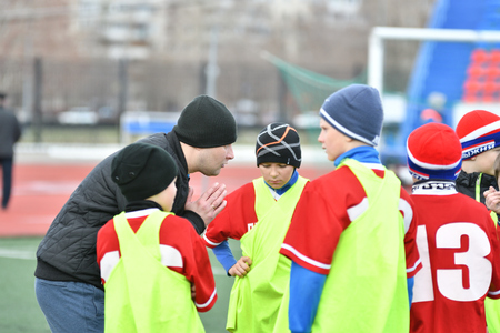 Orenburg, Russia-April 26, 2017 year: the boys play football on Cup Mayor Orenburg Futsal Championship among teams of boys born in 2006-2007のeditorial素材